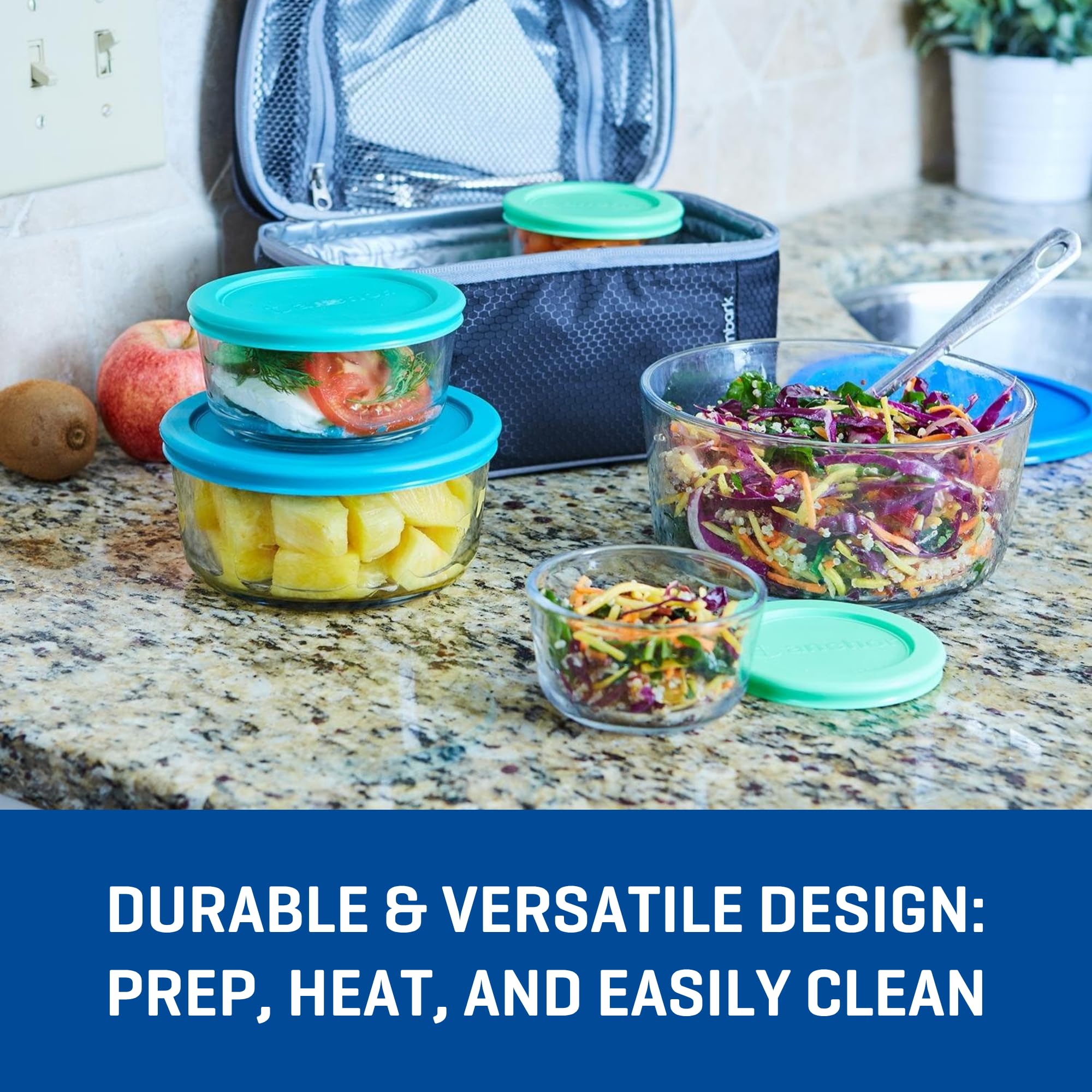 Anchor Hocking 26 Piece Glass Storage Containers with Lids (13 Glass Food Storage Containers & 13 Mixed Blue SnugFit Lids) - Image 3