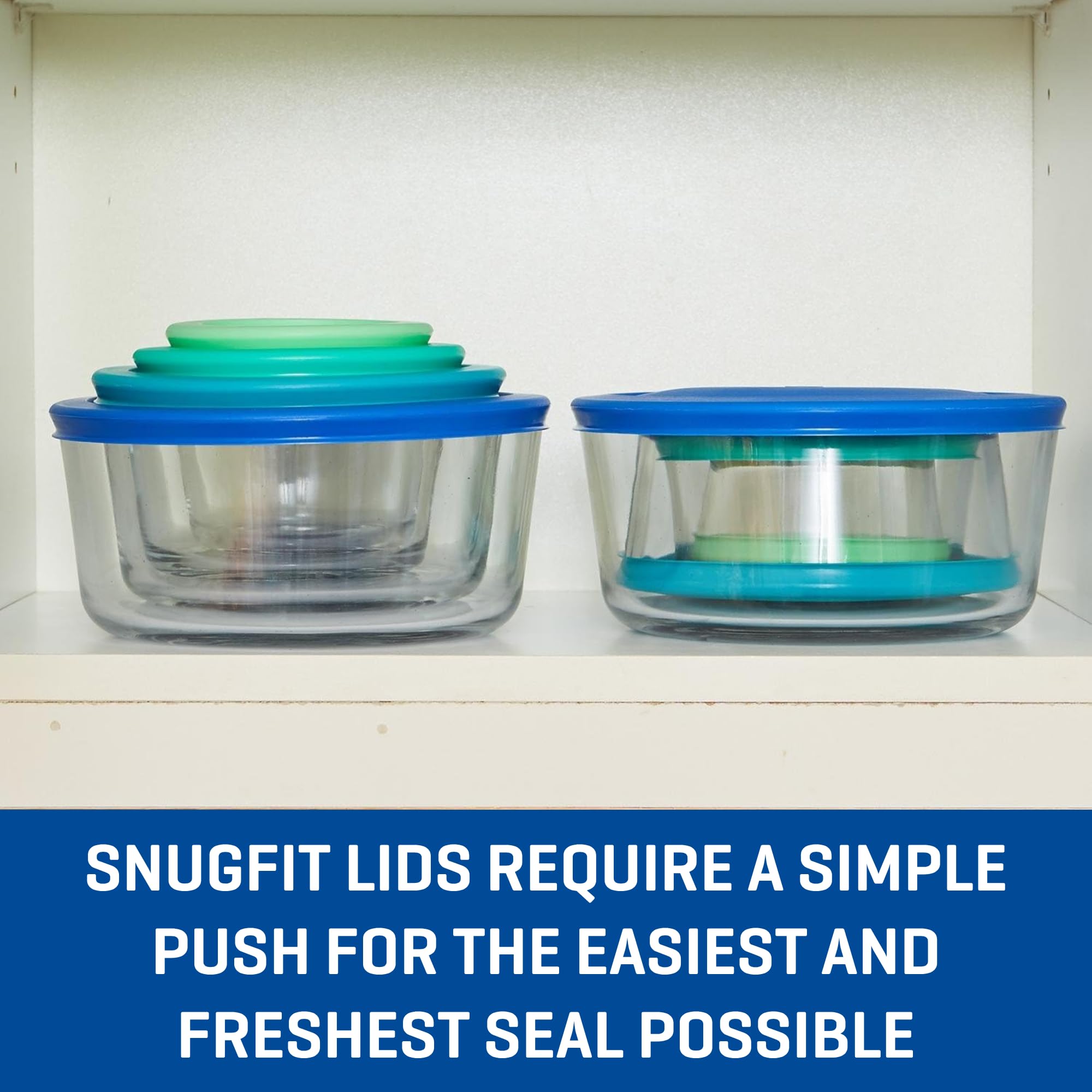 Anchor Hocking 26 Piece Glass Storage Containers with Lids (13 Glass Food Storage Containers & 13 Mixed Blue SnugFit Lids) - Image 4