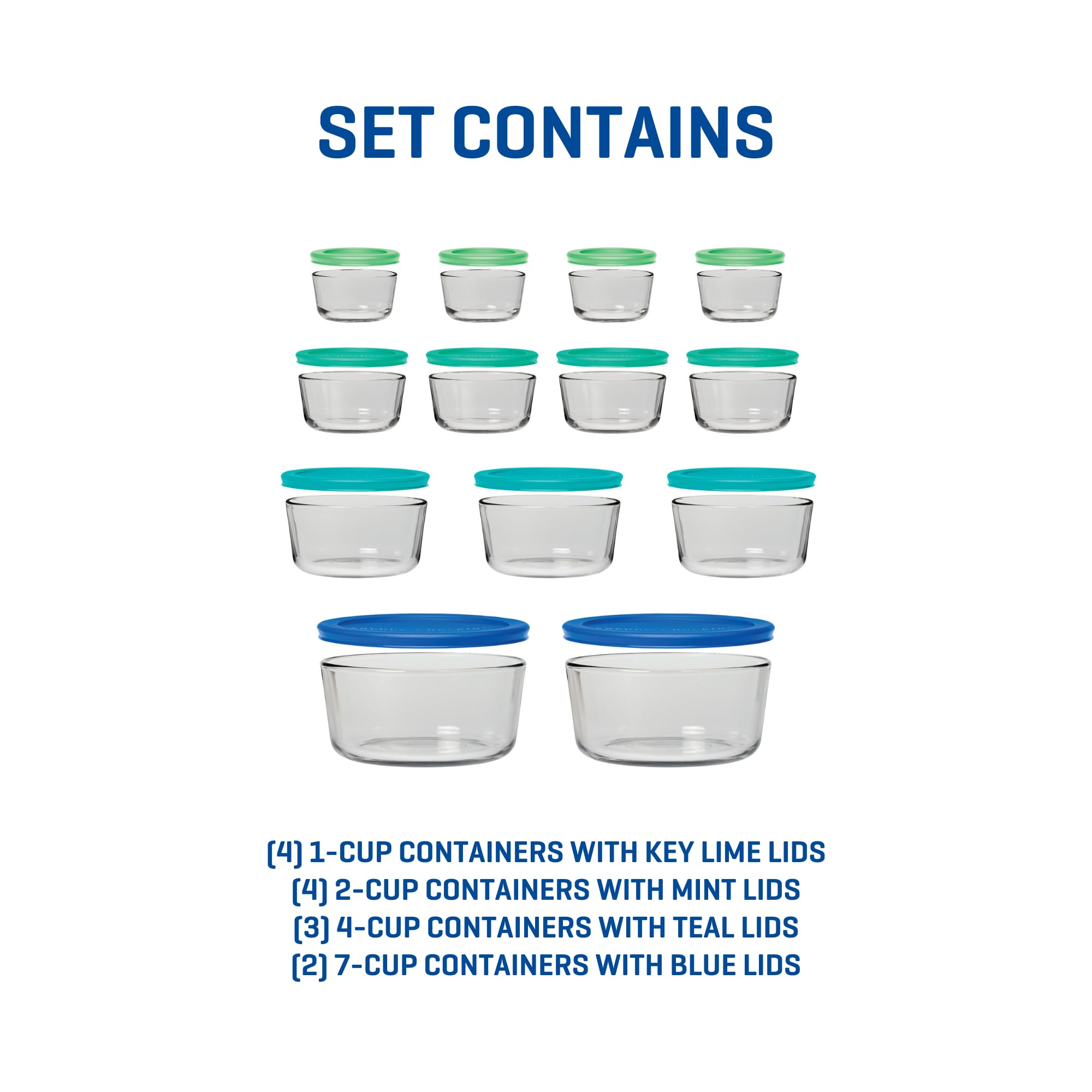 Anchor Hocking 26 Piece Glass Storage Containers with Lids (13 Glass Food Storage Containers & 13 Mixed Blue SnugFit Lids) - Image 7